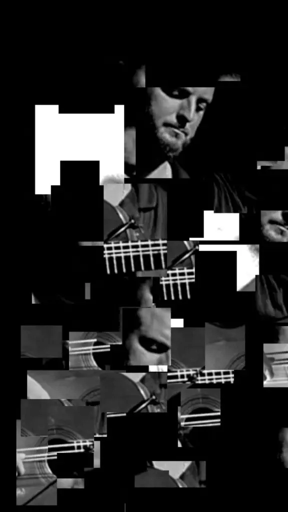 Fragmented black-and-white close portrait of a guitarist performing